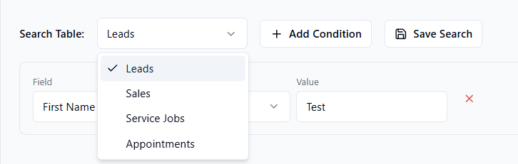Search Table dropdown open showing the four entity options