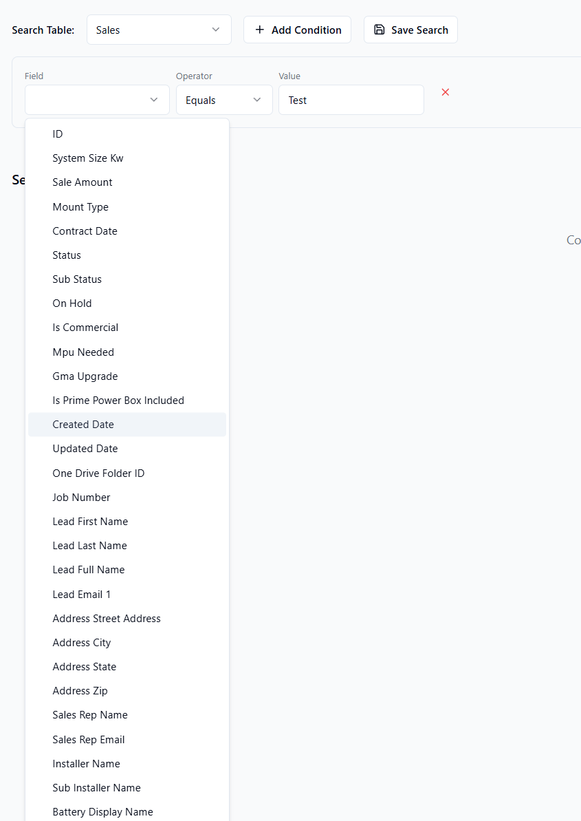 Field dropdown open in the Sales table, scrolled to show several grouped fields