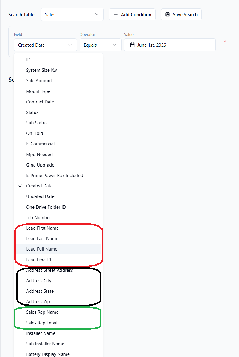 Field dropdown showing nested fields like "Sales Rep: name" and "Lead: full name"