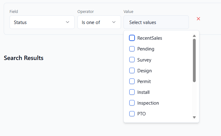 A multi-select checkbox popover open for a status field showing several options checked