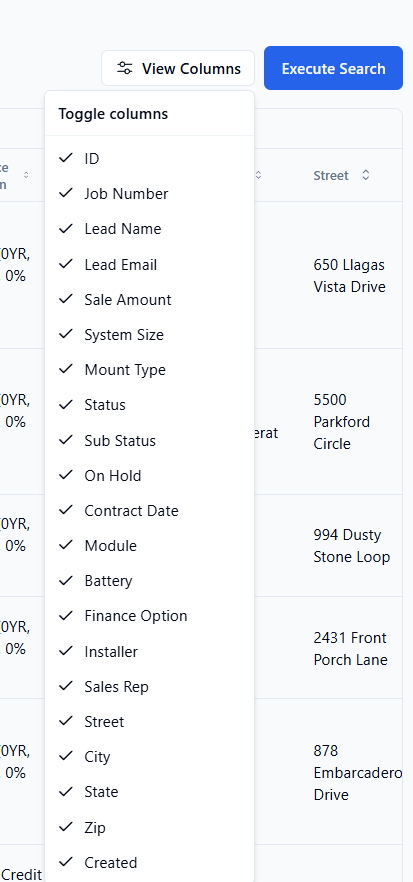 View Columns menu open with several columns checked and unchecked